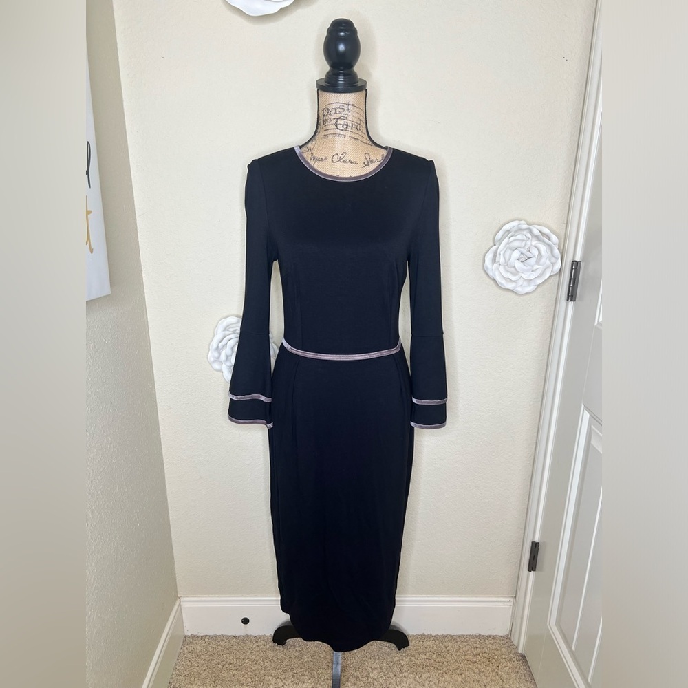 Boden Cora Dress in Black & Gray Velvet with Double Bell Sleeves Sz 8R